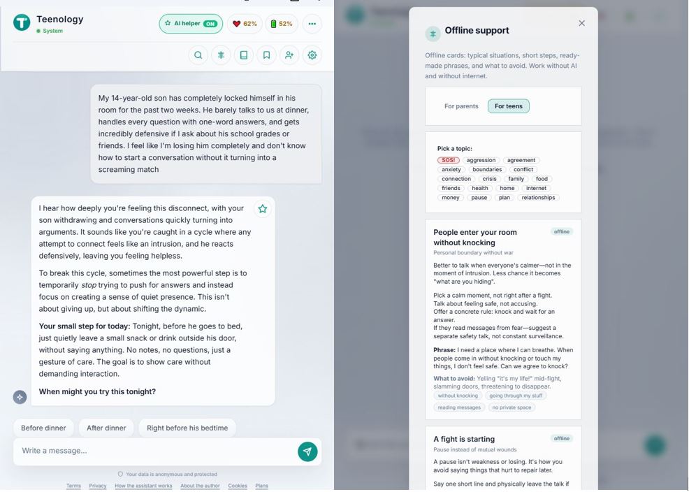 Teenology mobile PWA: relationship pulse and family tier screens